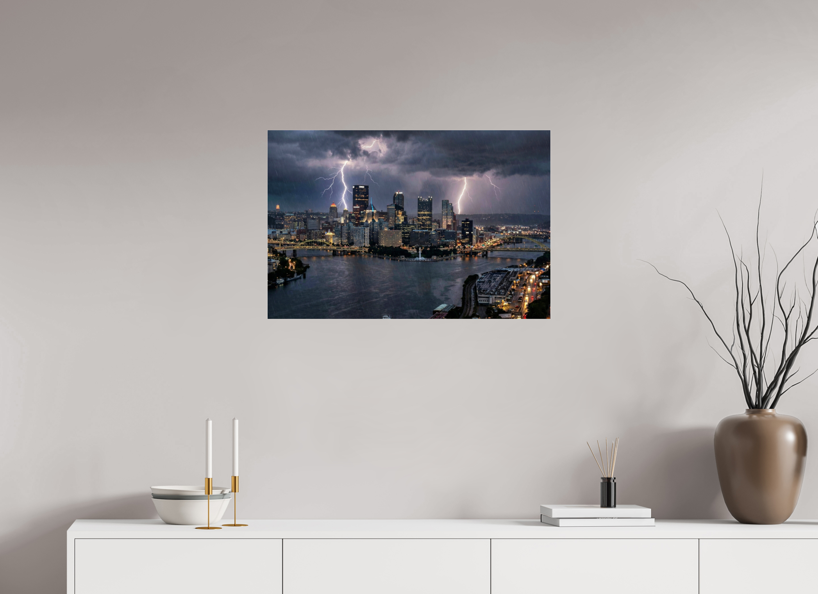 30 x 20″, Photo Print Under Acrylic Glass Golden Triangle Thunderstorm Dramatic Pittsburgh Skyline Photography