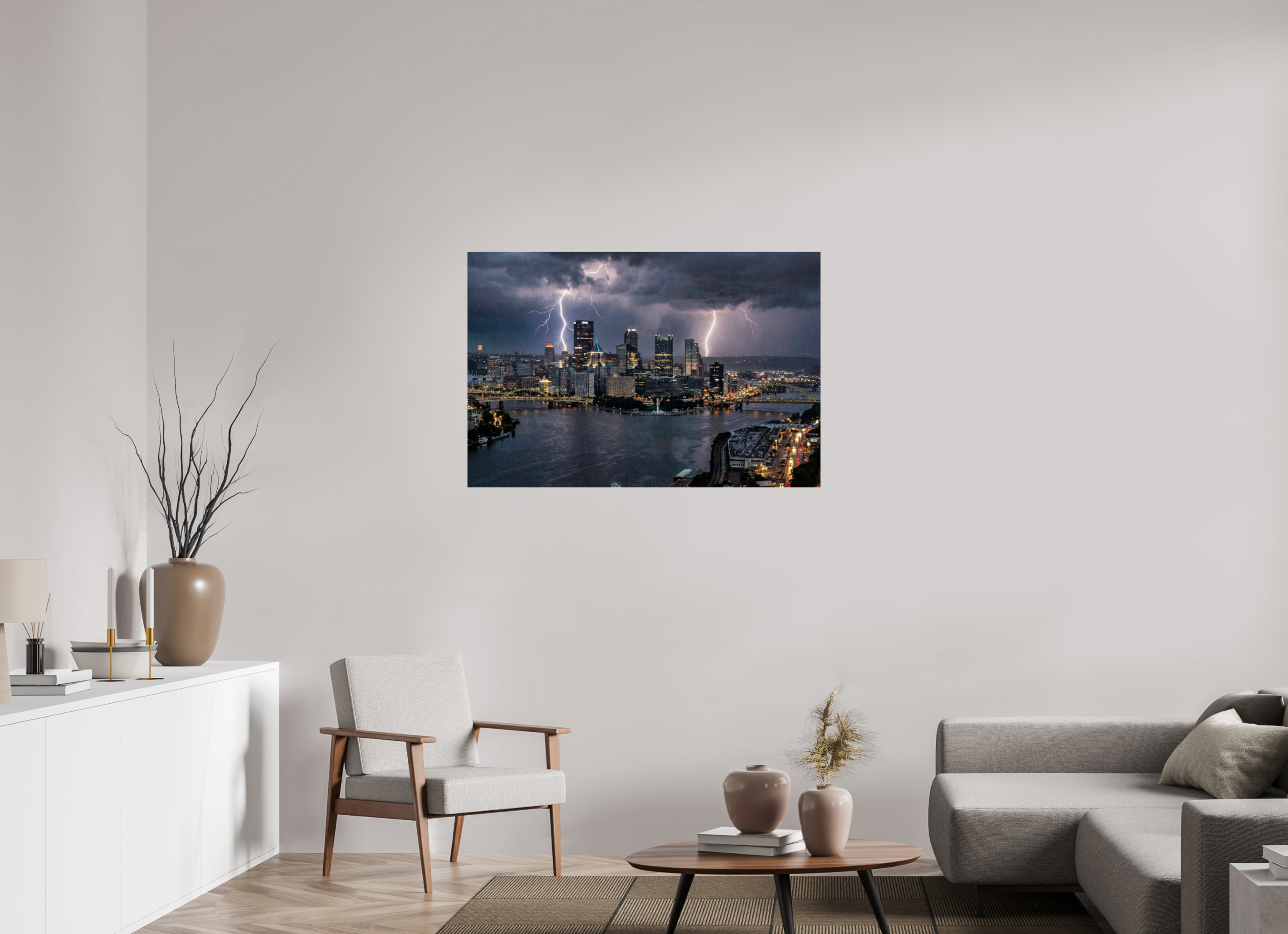 45 x 30″, Photo Print Under Acrylic Glass Golden Triangle Thunderstorm Dramatic Pittsburgh Skyline Photography