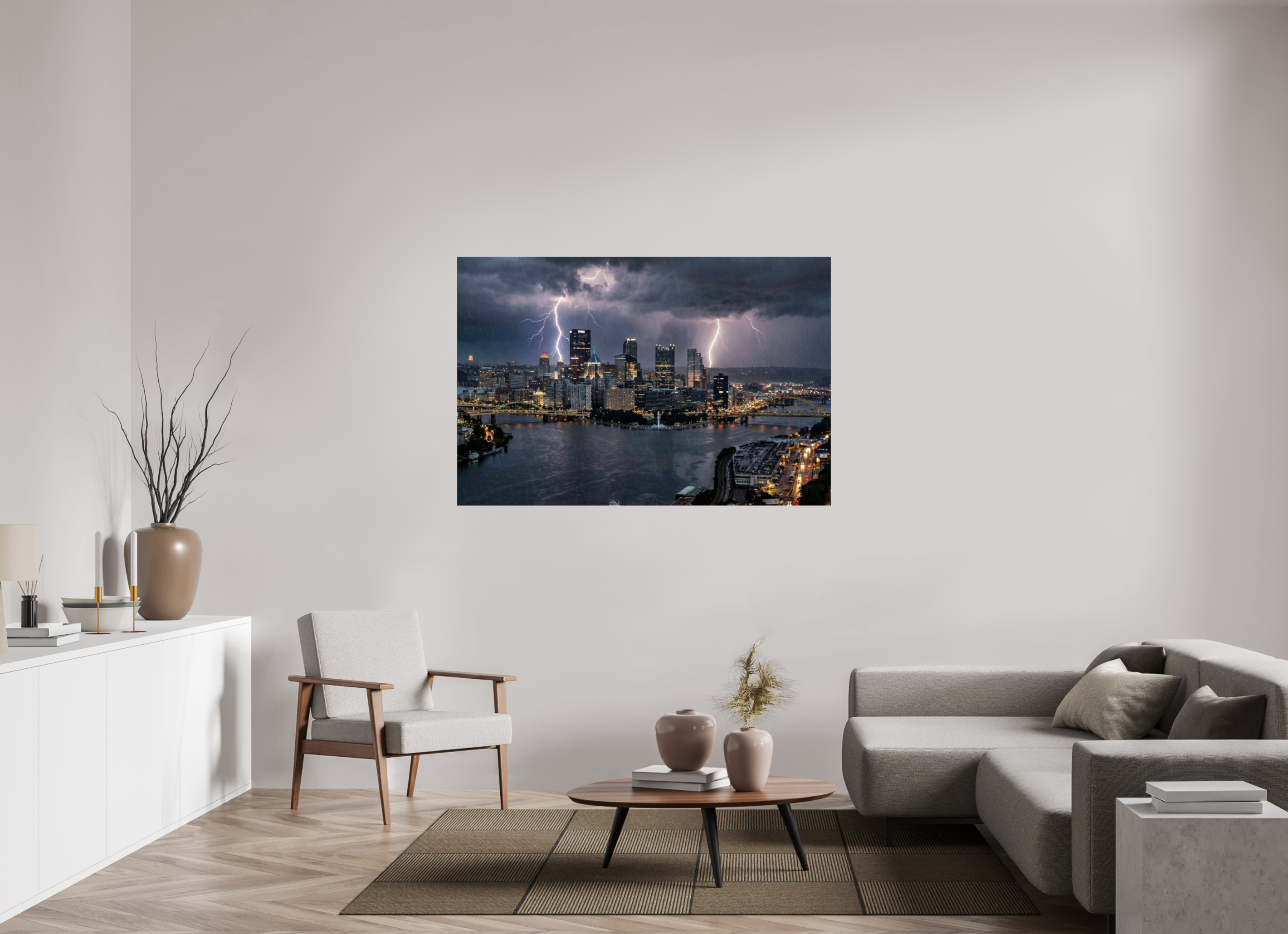 60 x 40″, Photo Print Under Acrylic Glass Golden Triangle Thunderstorm Dramatic Pittsburgh Skyline Photography