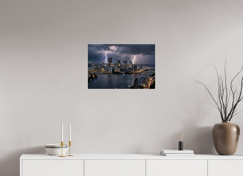 24 x 16″, Photo Print Under Acrylic Glass Golden Triangle Thunderstorm Dramatic Pittsburgh Skyline Photography