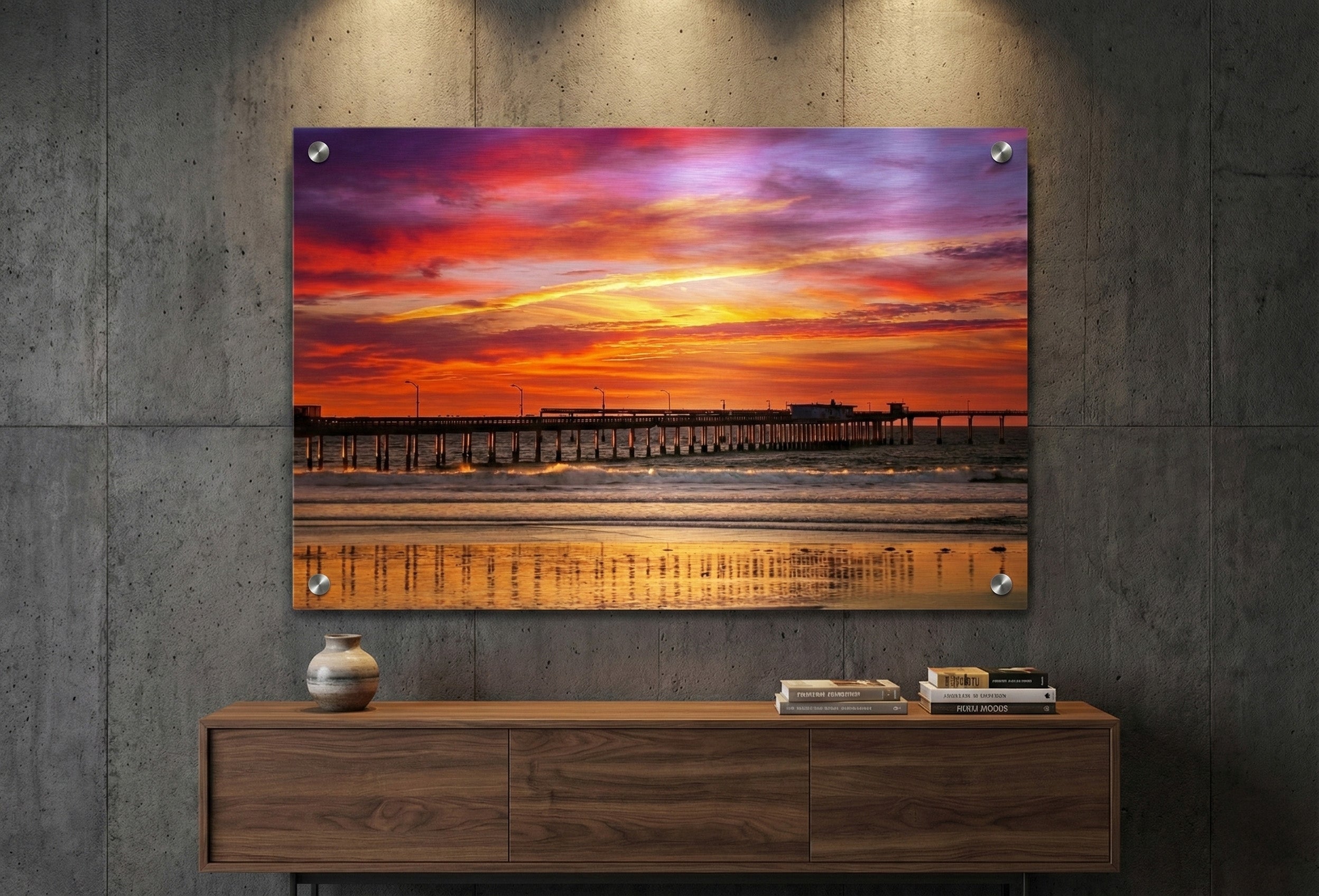 Pink & Orange Glow Metal Print Over Ocean Beach