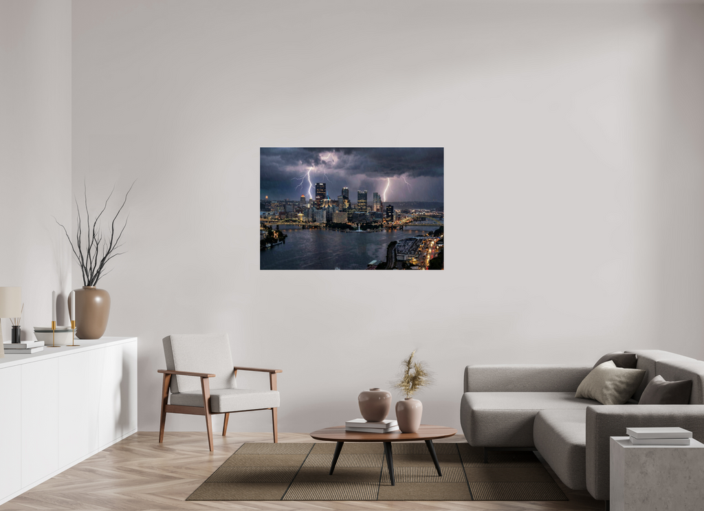 54 x 36″, Photo Print Under Acrylic Glass Golden Triangle Thunderstorm Dramatic Pittsburgh Skyline Photography